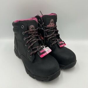 Brahma Women's Steel Toe Boots Size 5.5 Lace Up Work Safety Black With Pink